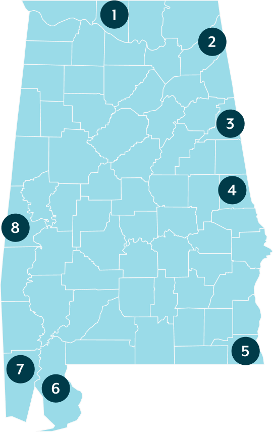 Map of Alabama showing the numbered welcome center locations